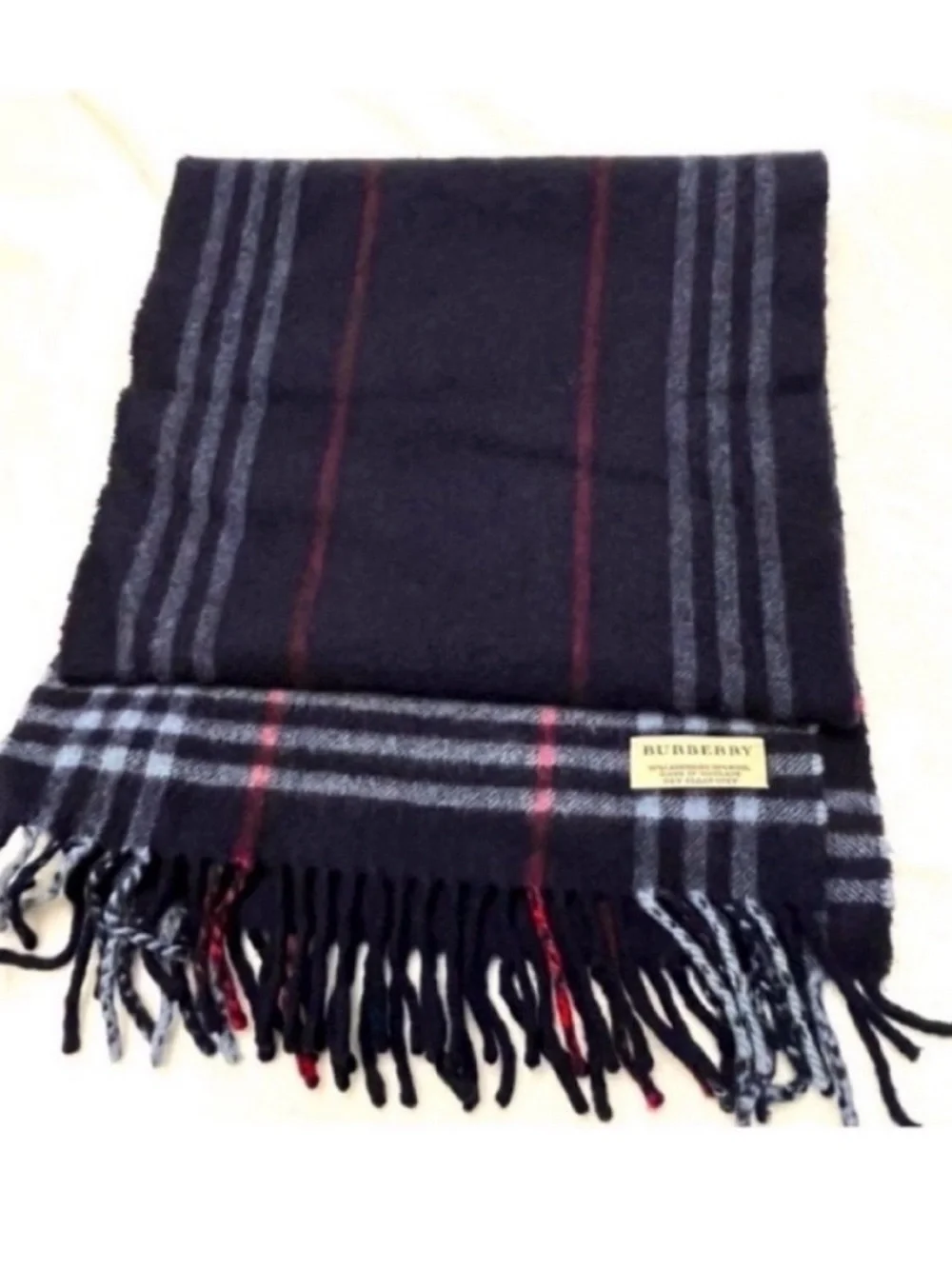 Burberry Cashmere Navy Plaid Fringe Scarf with Red Accent One Size
